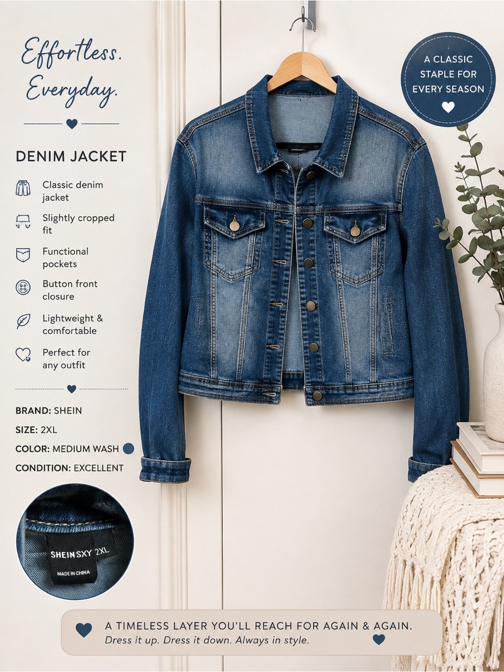 SHEIN Medium Wash Blue Denim Jacket - Classic Cropped Jean Jacket